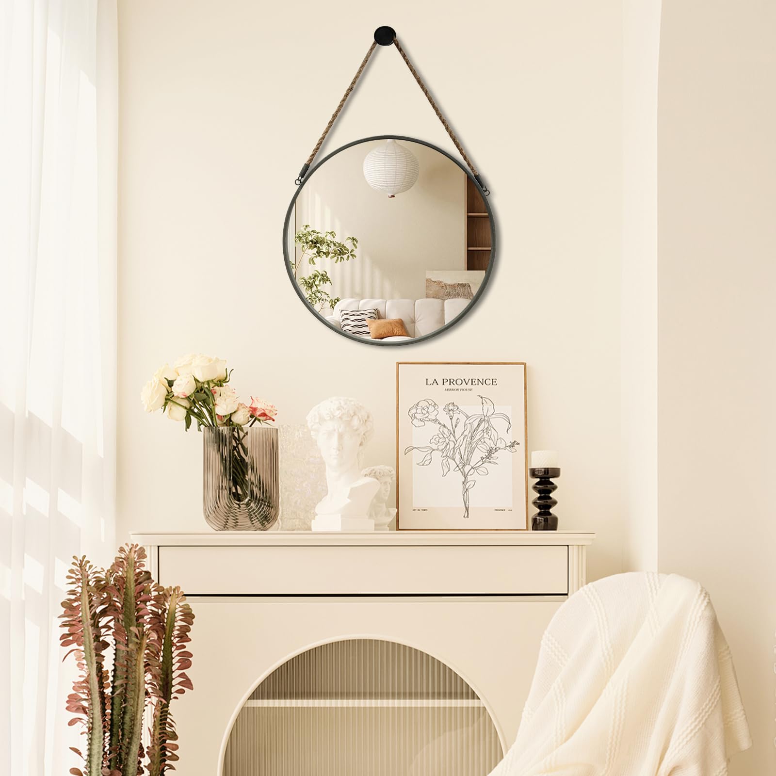 Amazon.com: POZINO Round Mirror, Rope Hanging Mirror, 15 Inch